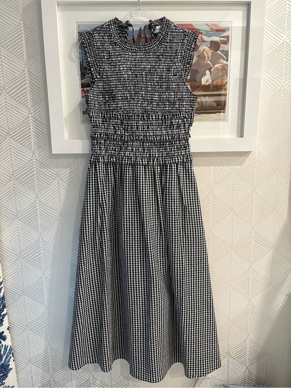 HUNTER BELL Black and White Gingham Sleeveless Smocked Midi Dress